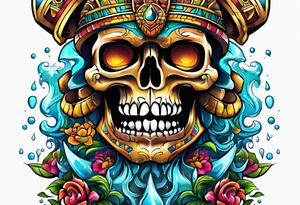 Colorful Mayan scull with water coming out of mouth tattoo idea