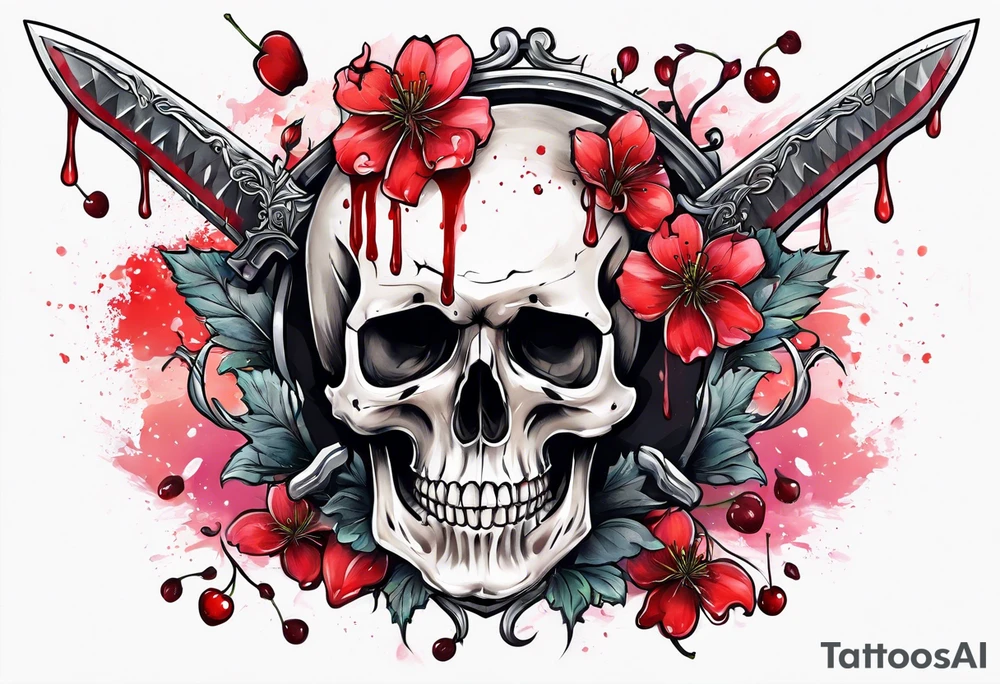 Bloody sword in a skull with cherry blossomdripping tattoo idea