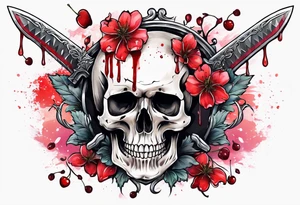 Bloody sword in a skull with cherry blossomdripping tattoo idea