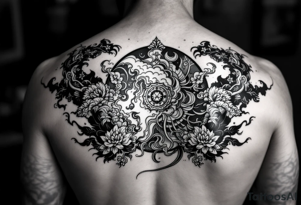 Purépecha style tattoo surrounded by Asian style clouds tattoo idea