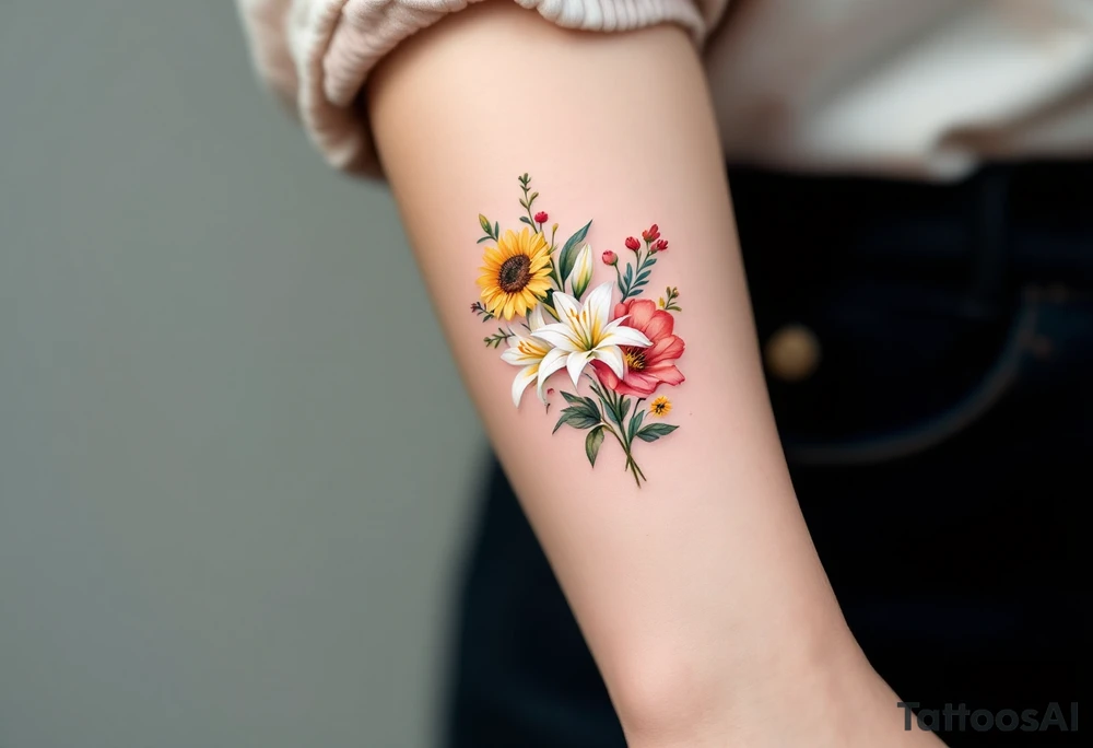 stargazer lillies in white with small sunflowers and poppies in a dainty wildflower bouquet with stems tattoo idea