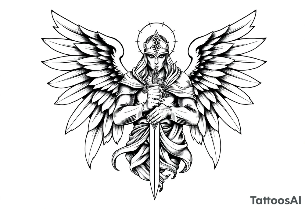 Holy Archangel, Biblical, Christianity, Guards of Christianity, Holding a sword, has six wings, wearing helmet, halo, seraphim tattoo idea