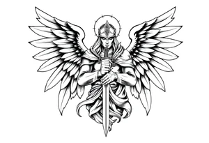 Holy Archangel, Biblical, Christianity, Guards of Christianity, Holding a sword, has six wings, wearing helmet, halo, seraphim tattoo idea