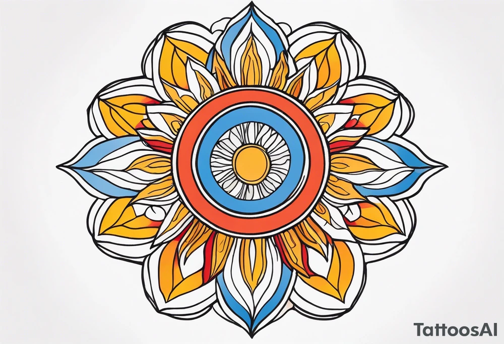 sunburst with yellow, orange, red, and blue colors tattoo idea