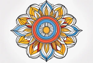 sunburst with yellow, orange, red, and blue colors tattoo idea