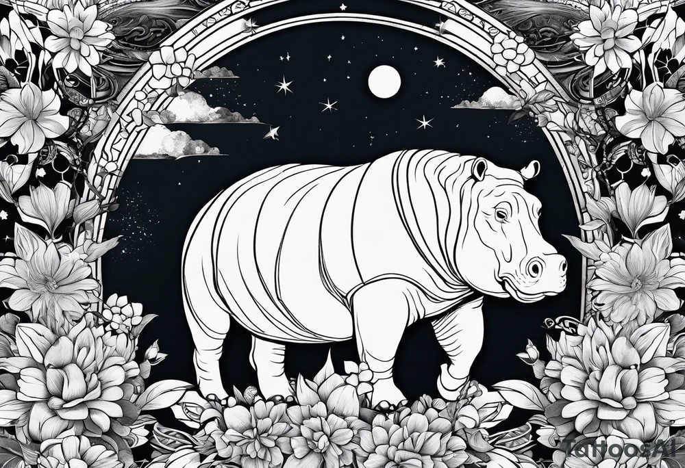 Hippo, flowers, moon, interstella, artic surreal,
Extreme fine lines, tribal, geometric, japanese, artistic tattoo idea