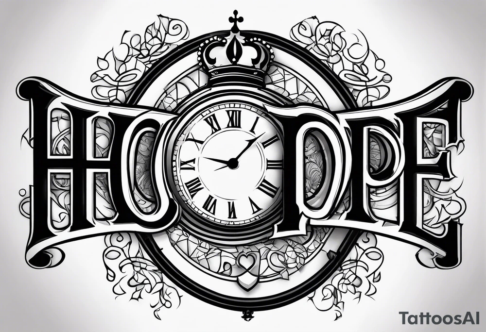 HOPE lettering tattoo, broken clock, king crown incorporated tattoo idea