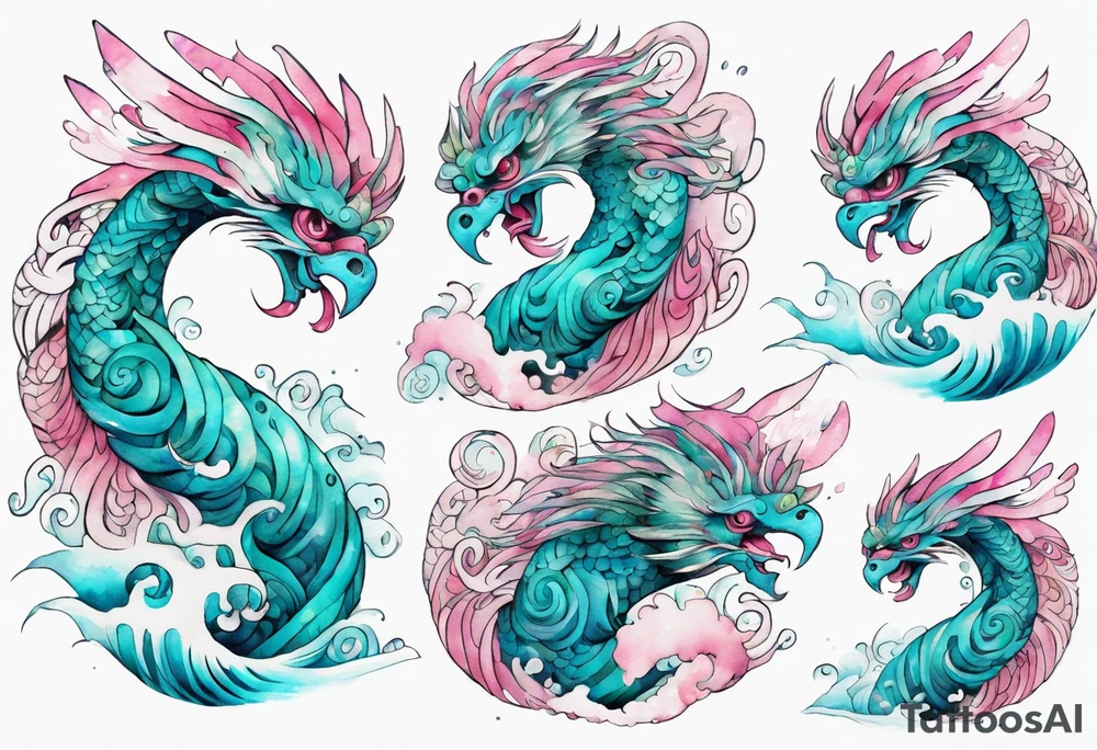 a turquoise and white and pink sea Quetzalcoatl with beautiful eyes emerging from the blue waves of the ocean tattoo idea