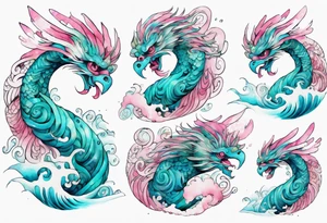 a turquoise and white and pink sea Quetzalcoatl with beautiful eyes emerging from the blue waves of the ocean tattoo idea