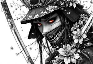 Woman samurai with red eyes wearing an half and broken kitsune mask like an hat, holding 
two katana and Sakura flowers ornement
Tatoo is for upper arm tattoo idea