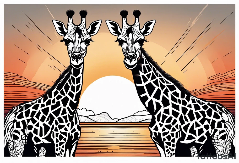 Two young giraffes standing in front of a sunset with one having angel wings tattoo idea