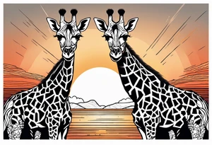 Two young giraffes standing in front of a sunset with one having angel wings tattoo idea