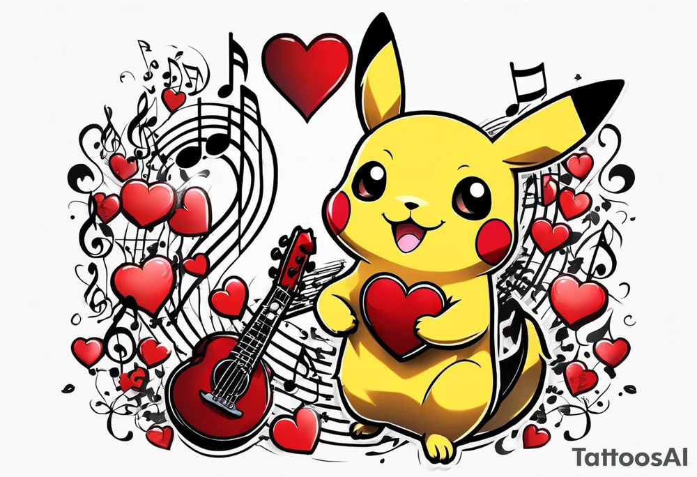 Pickachu squeezing a heart made from a trouble clef and music notes tattoo idea