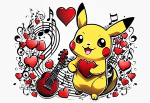 Pickachu squeezing a heart made from a trouble clef and music notes tattoo idea