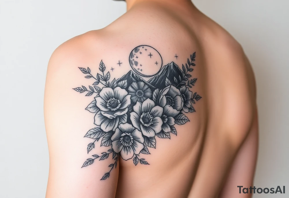 Arm and wristwrap around tattoo, with roses and wild flowers
moon and stars mountains
Feminine tattoo idea