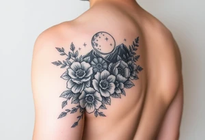 Arm and wristwrap around tattoo, with roses and wild flowers 
moon and stars mountains
Feminine tattoo idea