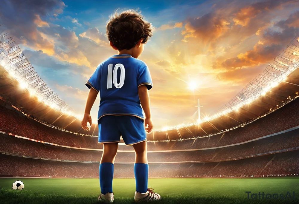 A little boy with the number 10 on his back walking into a stadium with a cross above it and a saying Roman’s 8:18 “ the pain you are feeling today, can’t compare to the joy to come tomorrow.” As well with 5 stars around it and in each star I want the number 15, 2 , 25, 27, 2 . tattoo idea