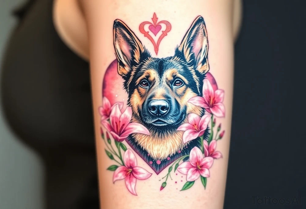 realistic german shepherd with alert ears looking protective with pink lilies in front of a sacred heart tattoo idea