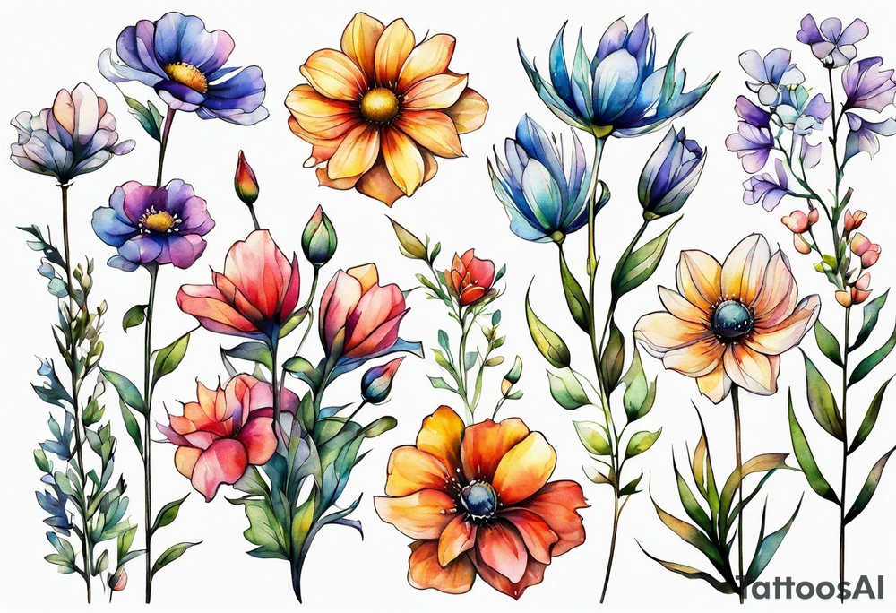 wild flowers long stems all watercolor tattoo idea