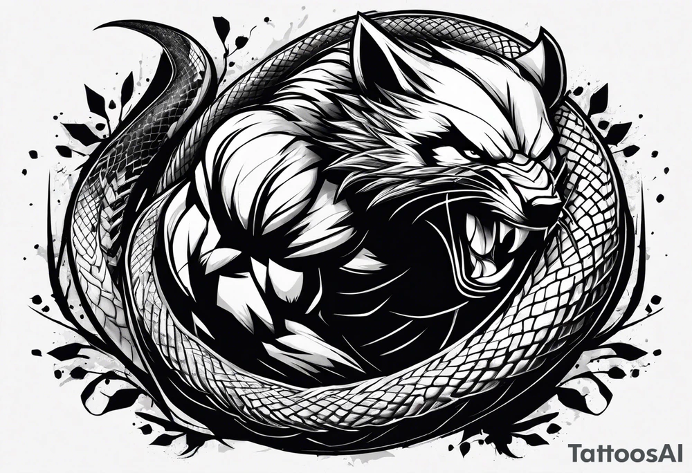 A wolverine animal fighting a snake with a vertical layout to go from shoulder to bicep tattoo idea