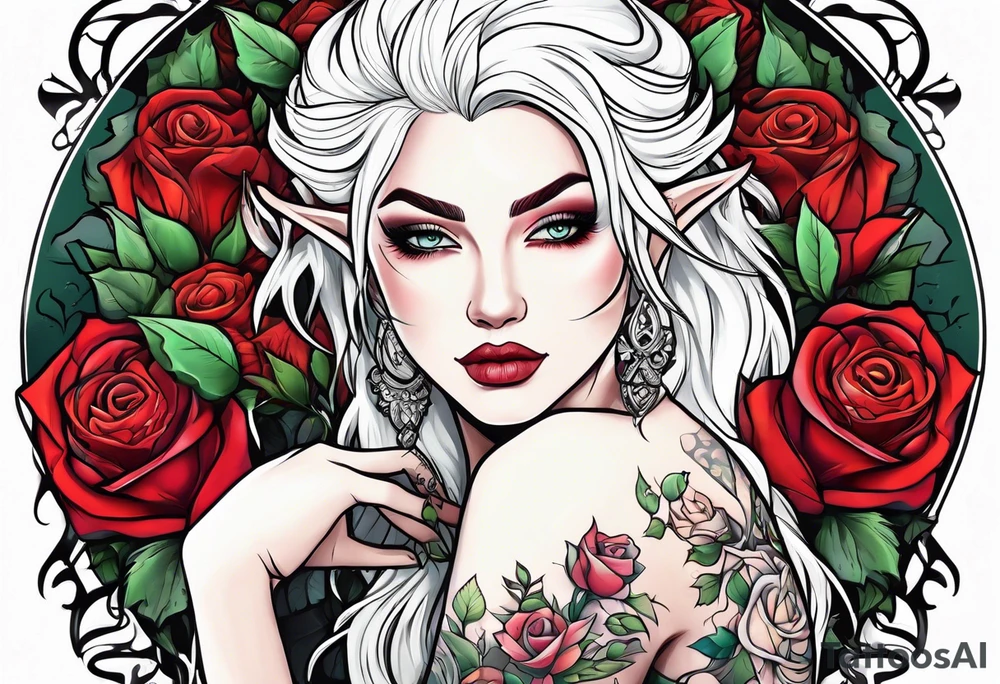 elf with white hair, roses, and tattoos tattoo idea
