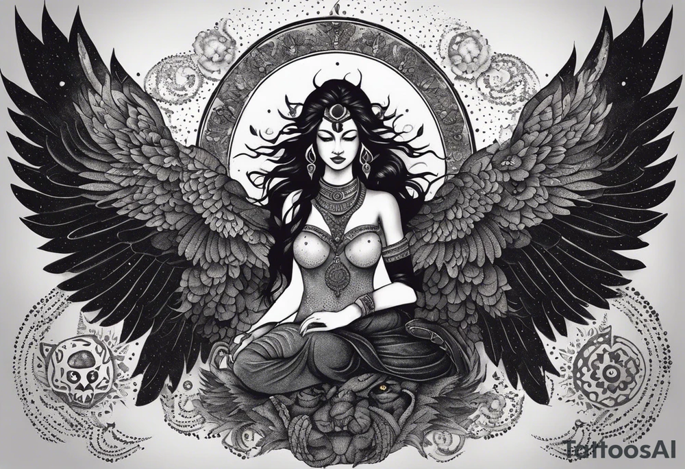 black kali, goddess pirate, alien, angel, pachamama, valkrye, warrior, flying, skull, lotus azul, wing, eagle, zenza resonance, stars, 5D, anahata chakra, death, durga, riding on a tiger, flying lady, kundalini, chest tatoo, samuri, rebel,serpent tattoo idea