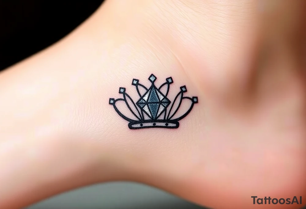 crown with a diamond-shaped gem in the center, rendered in simple black outlines with subtle metallic touches of silver and diamond-like glimmers tattoo idea