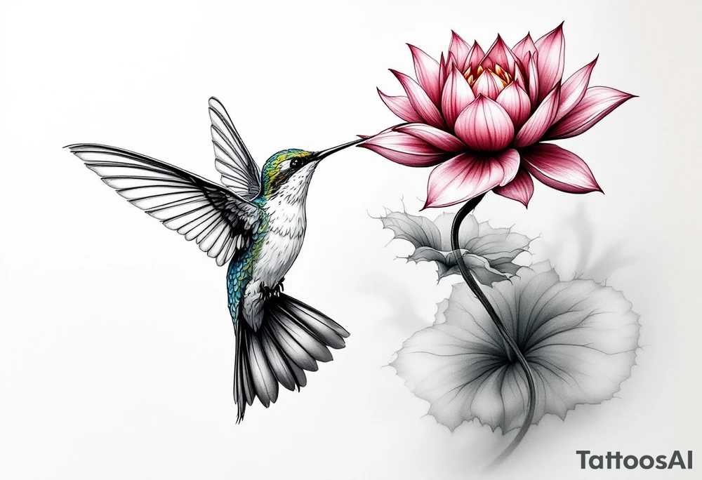 hummingbird drinking from lotus flower (Red and black colors only) tattoo idea