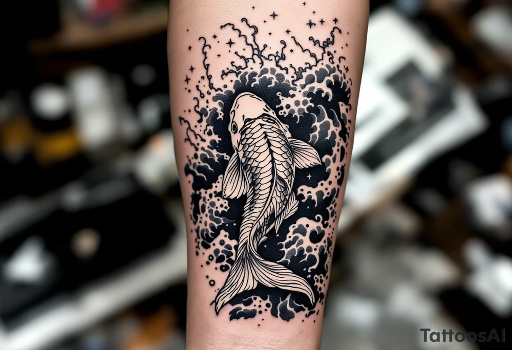 traditional koi fish swimming upstream through turbulent waves tattoo idea