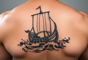 Viking longship sailing through stormy seas, intricate knotwork details, dramatic lighting. tattoo idea