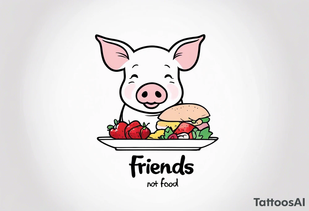 simple drawing of piglet or pig with text: "Friends. Not Food" included.
draw with very thin lines and no shading tattoo idea