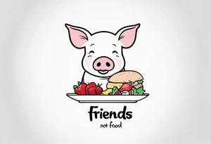 simple drawing of piglet or pig with text: "Friends. Not Food" included.
draw with very thin lines and no shading tattoo idea