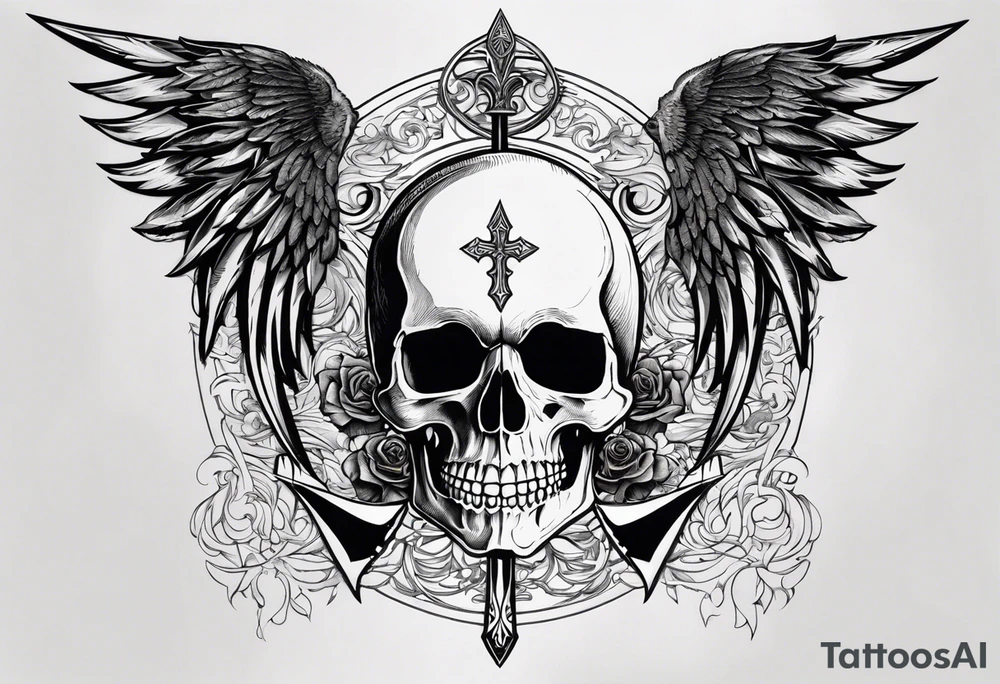 In the center is a skull pierced by a large sword. On either side of the skull, there are spread angel wings, creating an impression of protection and majesty. Beneath the skull is a ribbon that weaves through both the skull and the sword, imparting unity and linking all the elements together. tattoo idea