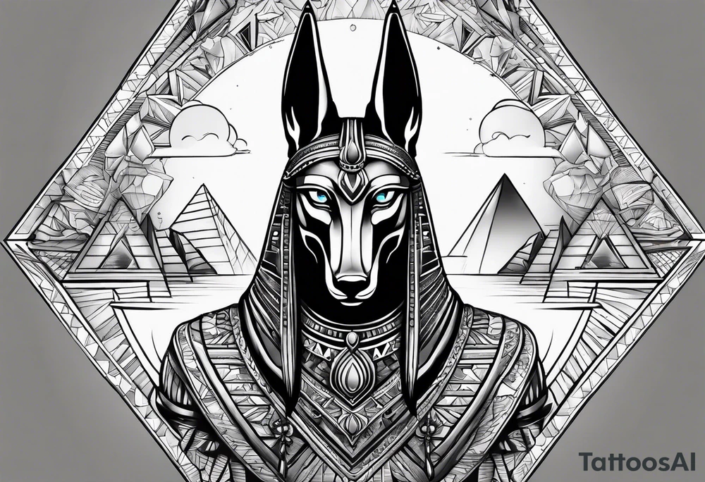Strict Anubis portrait with pyramids on the background tattoo idea