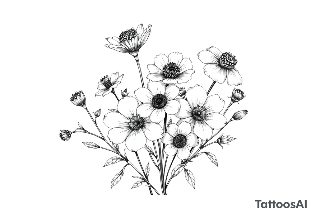 A cluster of wildflowers, with solid black shadows at the base and lighter stippling toward the petals. Some flowers can be in full bloom while others start to wilt or fall apart, symbolizing the passage of time. tattoo idea