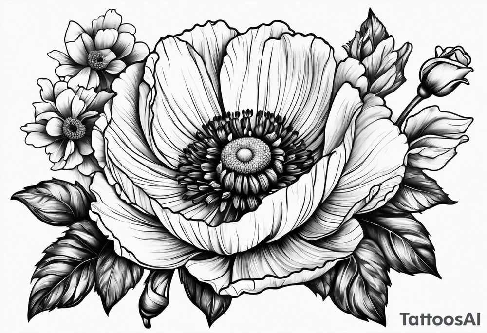 One poppy one rose two daisies tattoo idea