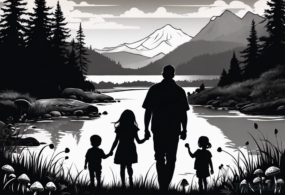 Family silhouette of a father, a mother, oldest son, middle daughter, and small daughter foraging mushrooms with mountains and creek in background tattoo idea