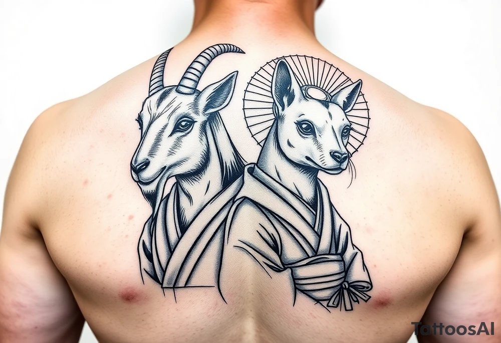 Feminine goat and dog dressed up as geisha warriors tattoo idea