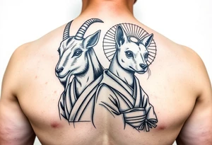 Feminine goat and dog dressed up as geisha warriors tattoo idea