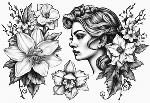 OAKLEE with Narcissus and holly flowers tattoo idea