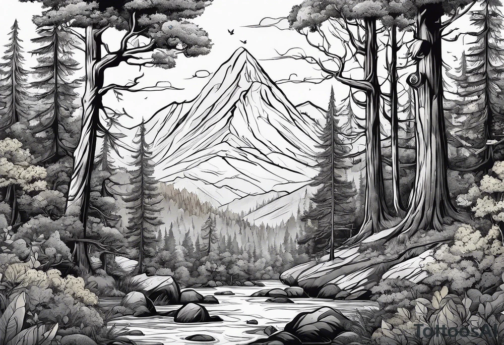 Forest with a lot of trees and animals roaming tattoo idea