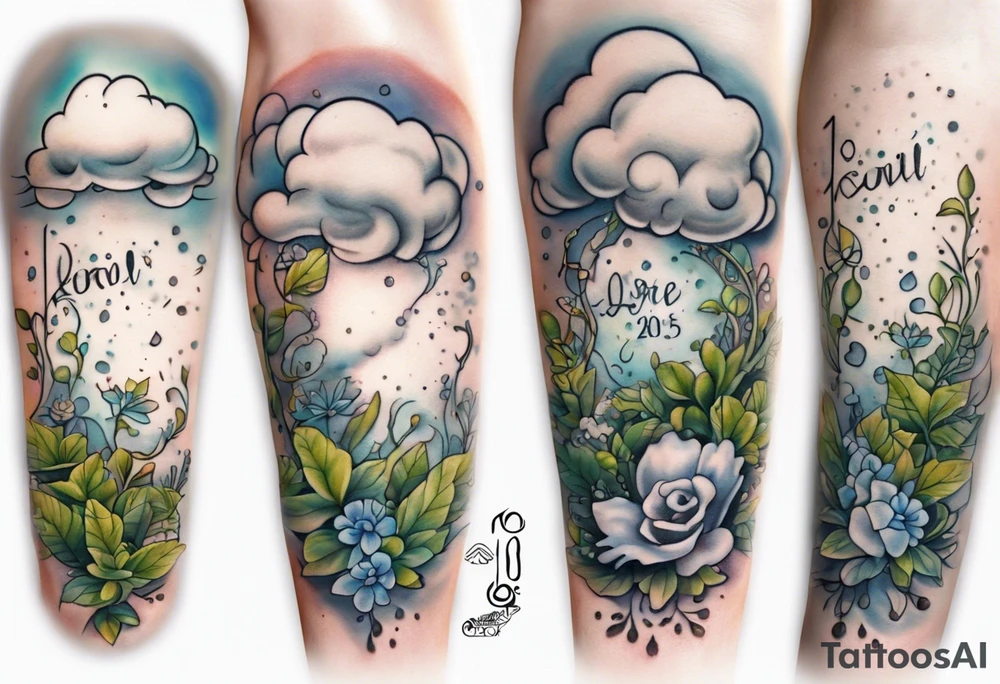 a forearm tattoo with a cloud with little plants and underneath it the date 12.08.05 tattoo idea