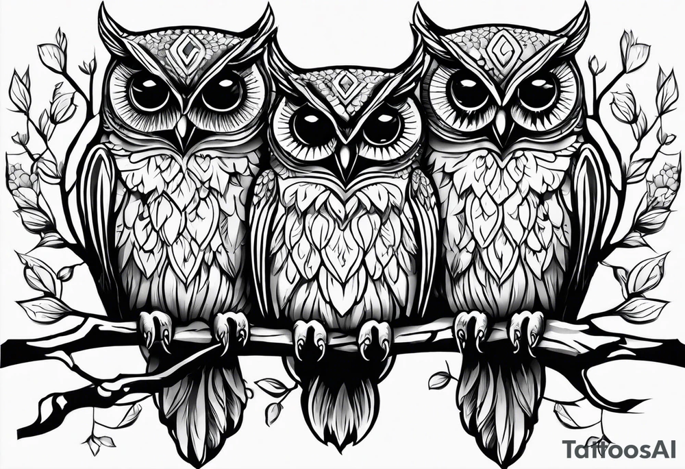 Hear no evil, see no evil, speak no evil owls on branch tattoo idea