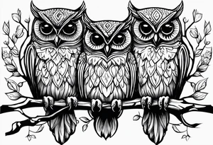 Hear no evil, see no evil, speak no evil owls on branch tattoo idea