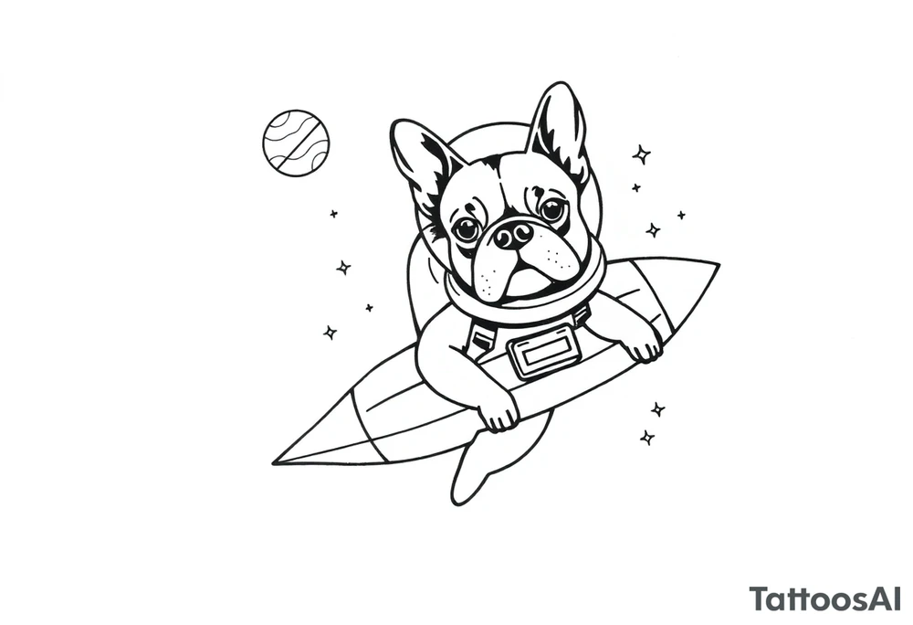 a space themed tattoo of my french bulldog mars. include elements in space like planets and stars. mars should be depicted as a astronaut in a spaceship flying through space tattoo idea
