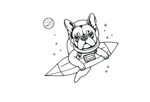 a space themed tattoo of my french bulldog mars. include elements in space like planets and stars. mars should be depicted as a astronaut in a spaceship flying through space tattoo idea