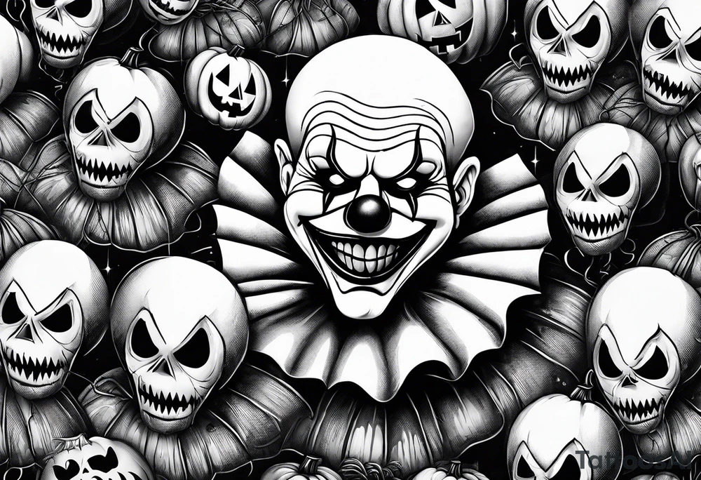 penny wise clown holding a single balloon, with spiders on webs that look evil , skulls all in a collage with other famous horror ,movie characters and an evil jack o lantern and pumpkin tattoo idea