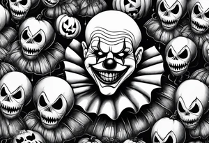 penny wise clown holding a single balloon, with spiders on webs that look evil , skulls all in a collage with other famous horror ,movie characters and an evil jack o lantern and pumpkin tattoo idea