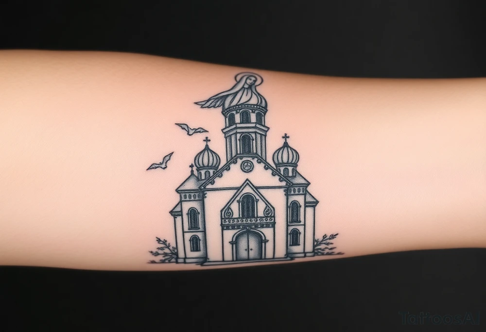 in a dorsal view a detailed orthodox church shrouded with a mist above and fading into a virgin mary overlooking above at the top tattoo idea