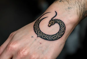 Ouroboros in Celtic Style (Snake Eating Tail)
Circular snake made of knots devouring its tail, symbolizing eternity. Inked in dark green and oxidized bronze. tattoo idea